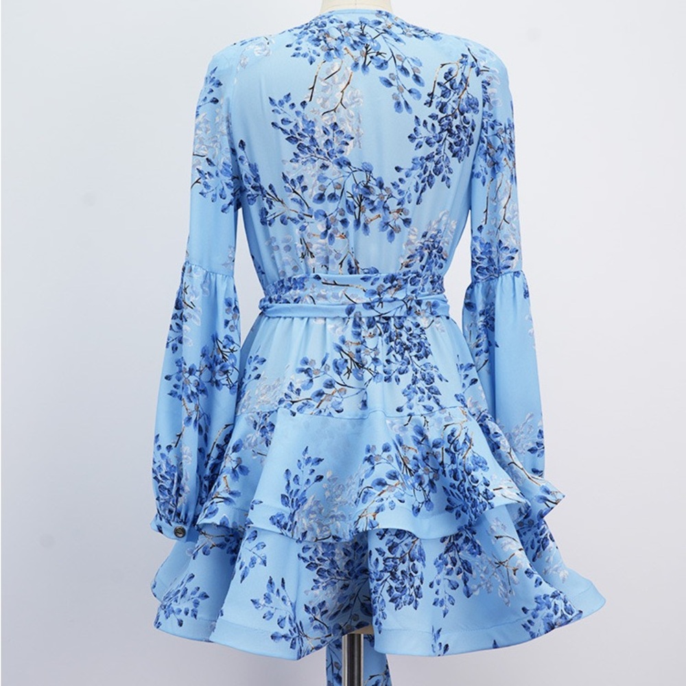 NWOT BRONX ADN BANCO BEDOUIN BLUE POPPY SHORT DRESS Floral Blue Wrap Dress - Picture 9 of 13